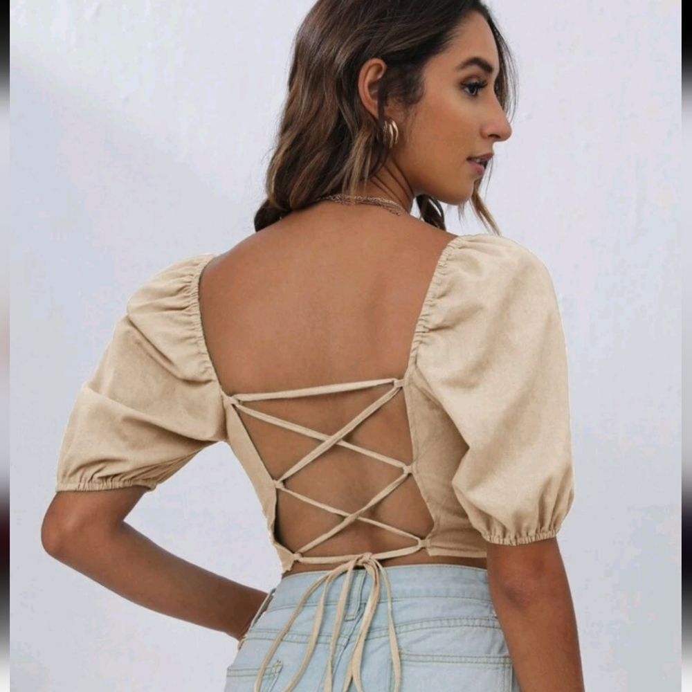 SHEIN Privé Lace Up Backless Puff Sleeve Top Women's Size Large